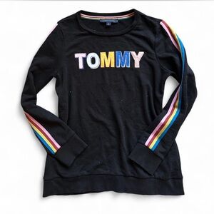 Tommy Hilfiger women’s black sweater crewneck with rainbow stripes